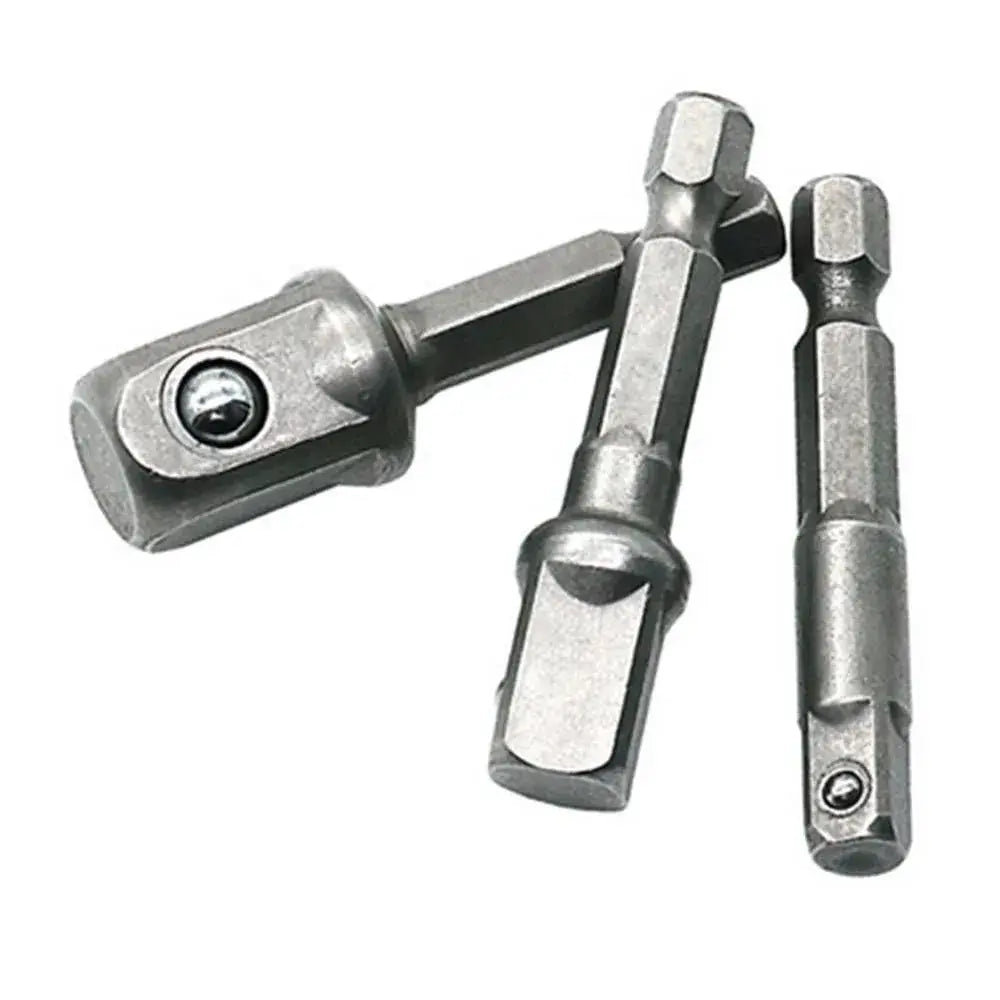 Three Piece Drill Socket Adapter Set Hex Shank To Square Drive For Impact Drills 1/4 3/8 1/2 Inch