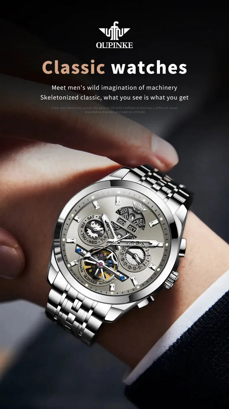 OUPINKE men's skeleton automatic watch with stainless steel bracelet