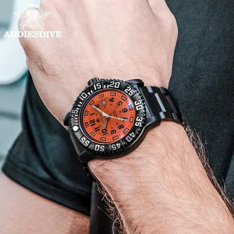 Addies Men military watch with orange dial, black bezel, waterproof nylon-steel strap
