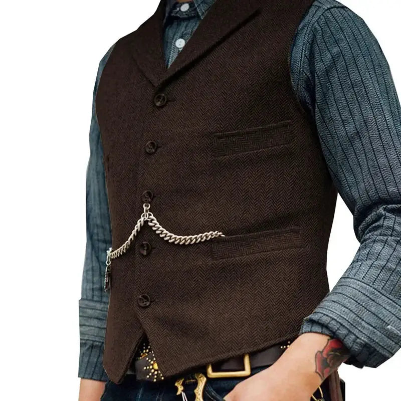 Wool tweed men's vest waistcoat in brown with chain detail over a blue striped shirt.