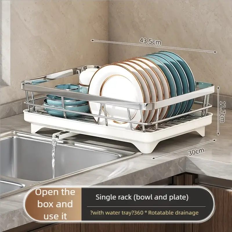 Simples Market stainless steel dish rack with water tray for bowls and plates; teal/white dinnerware.