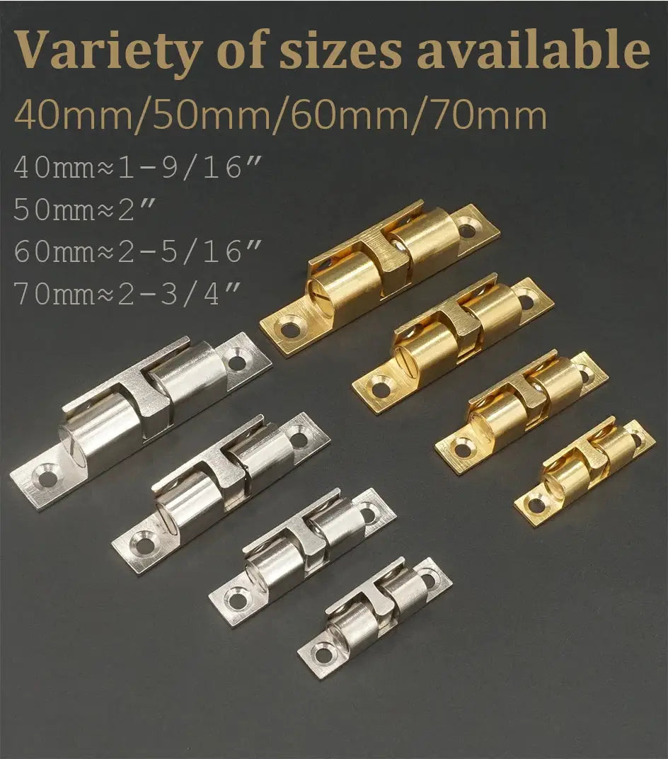 Cabinet door catches set with brass adjustable spring ball latches and screws in brass and silver finishes, 40–70mm