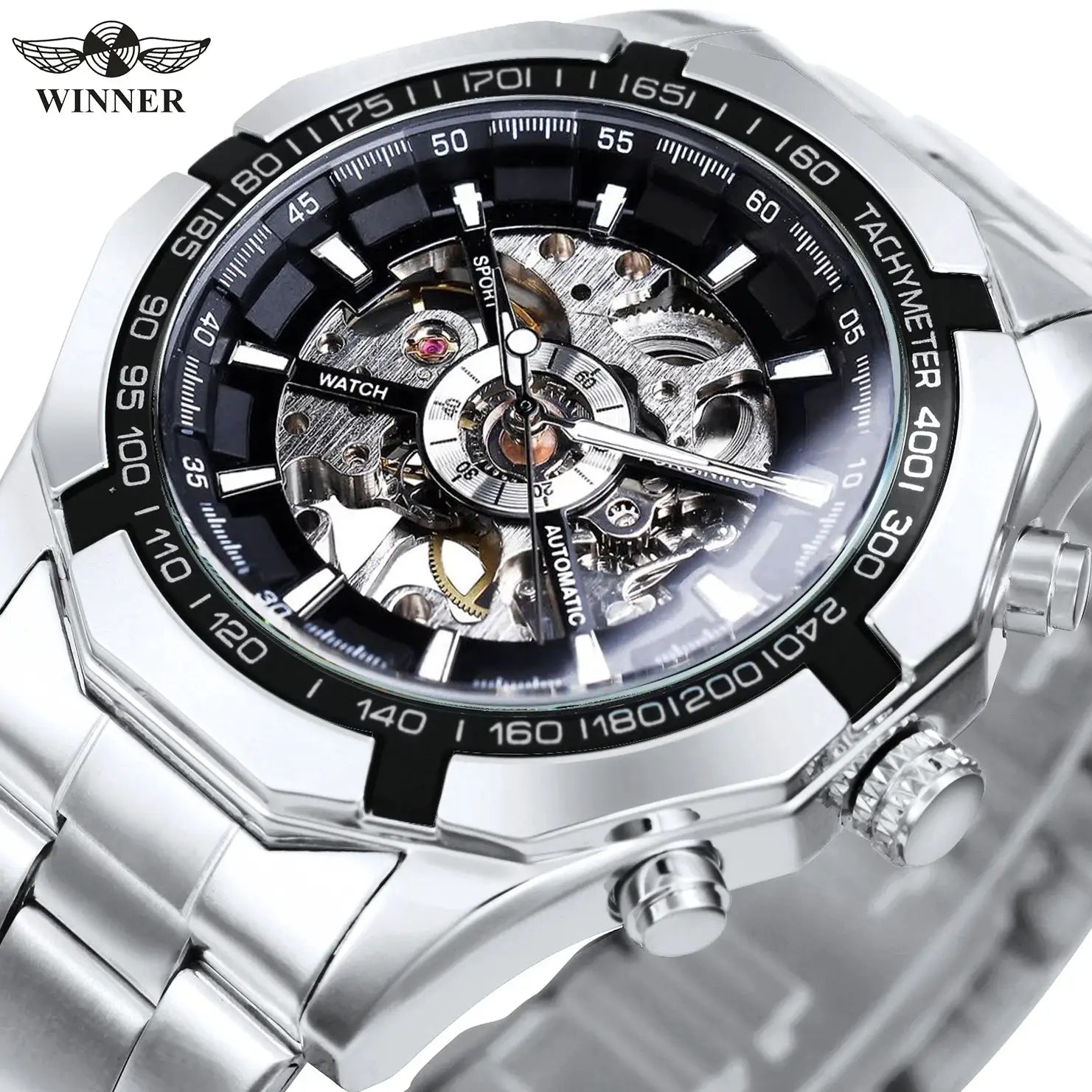 WINNER classic skeleton wristwatch for men with stainless steel strap and luminous hands