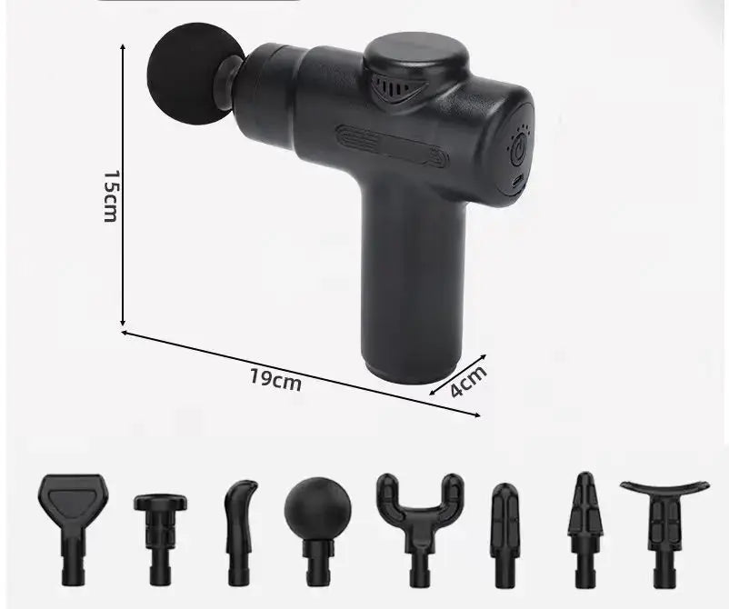 Electric deep tissue massage gun kit by Simples Market with 8 interchangeable heads; compact black handheld 9-piece set.