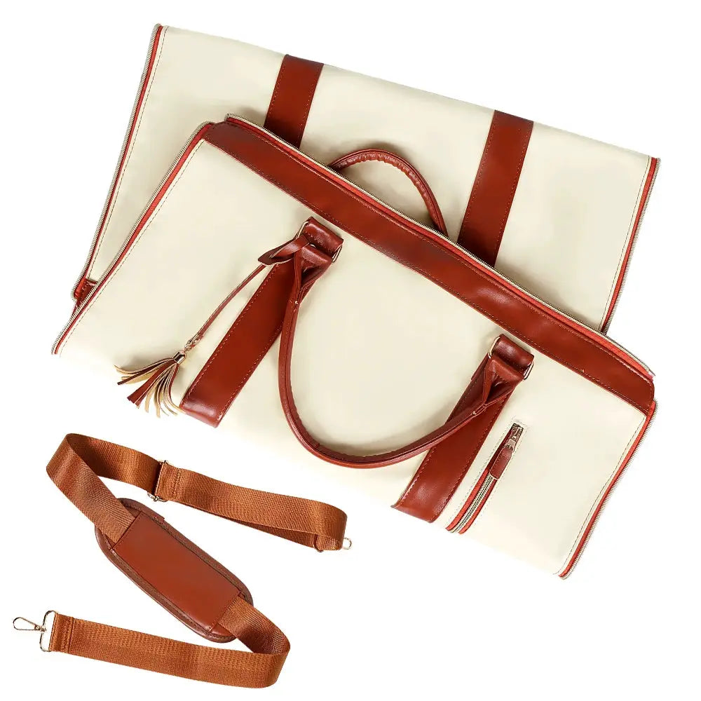 Simples Market foldable handbag, large-capacity beige travel tote with brown leather handles and shoulder strap