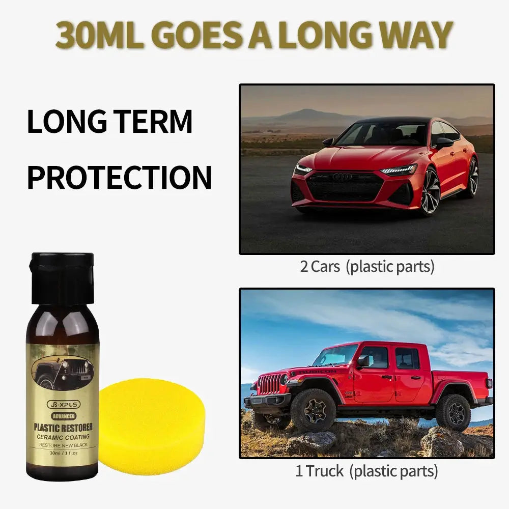 Car Plastic Restorer Ceramic Coating by Simples Market; bottle with yellow sponge for plastic trim on 2 cars and 1 truck