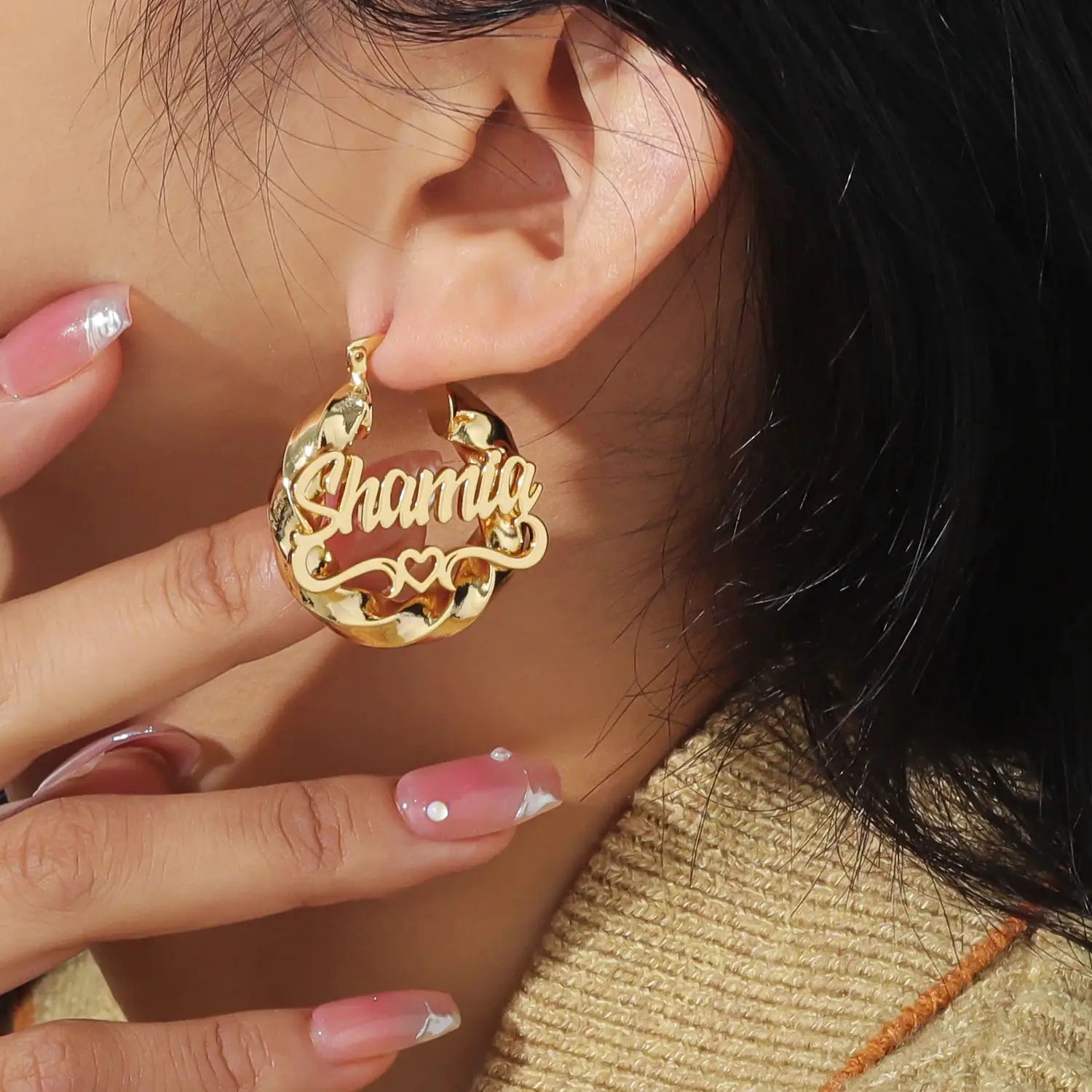 Gold-tone name hoop earring with custom script name and heart motif