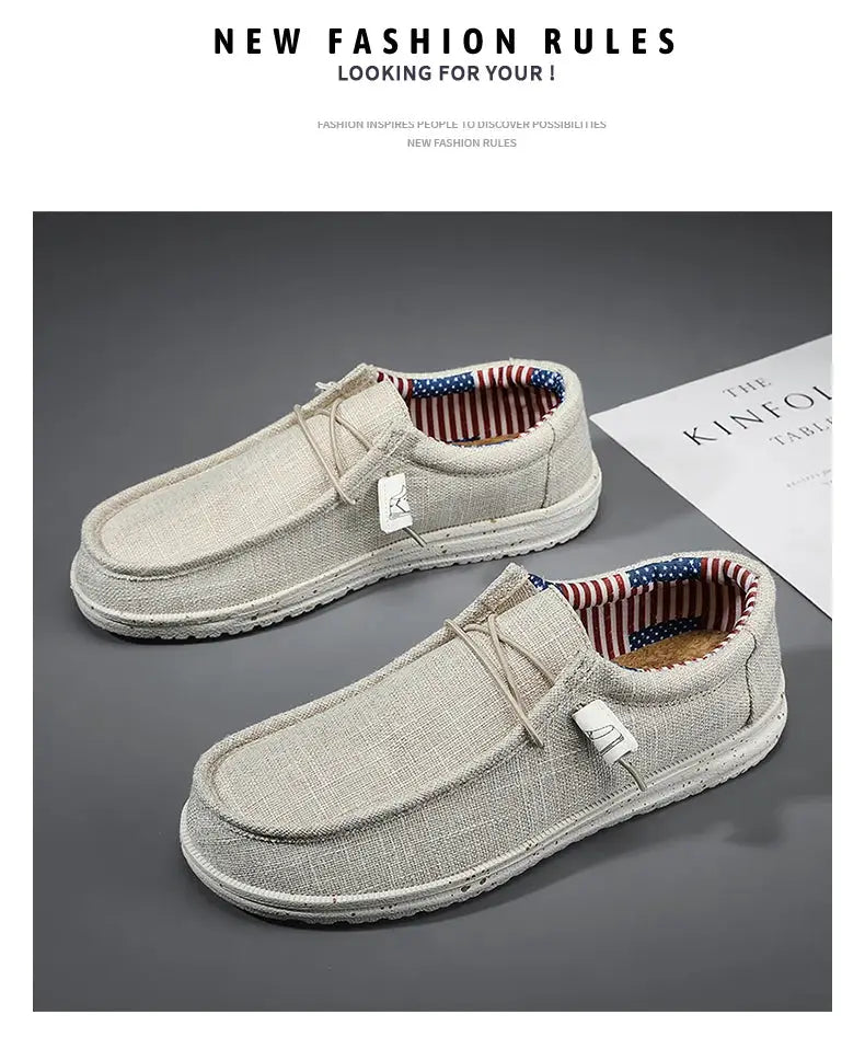 Simples Market men's casual canvas loafers, light beige breathable flats with striped red-white-blue lining (pair)