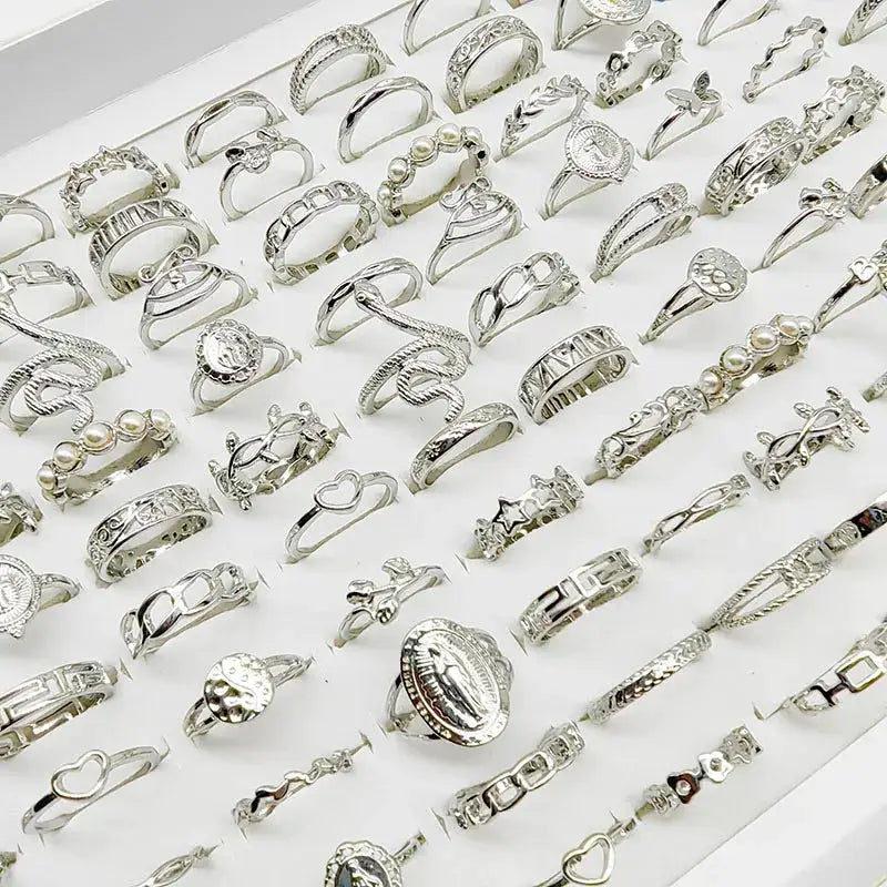 30Pcs Mix Pearl Silver Rings Set With Animal Snake Chain Hollow Leaf Butterfly Flower Gift For Girls Women Jewelry