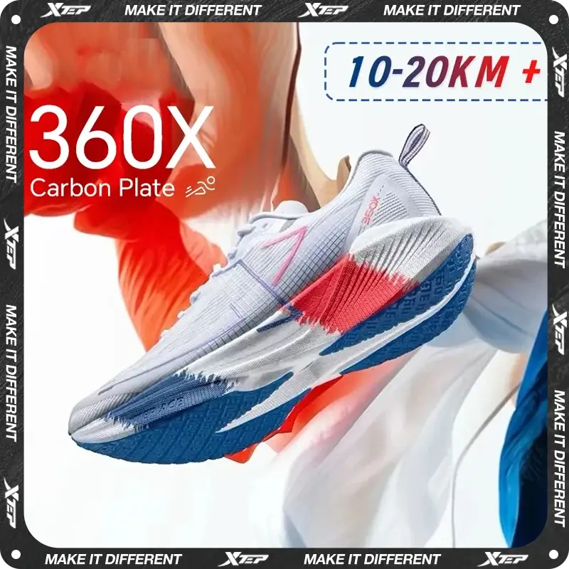 Xtep 360X Carbon Plate men's running shoes, white with blue outsole and pink accents
