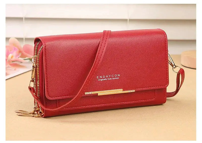 Women's mid-size wallet bag, red faux leather convertible shoulder clutch with coin pocket, Endaycon