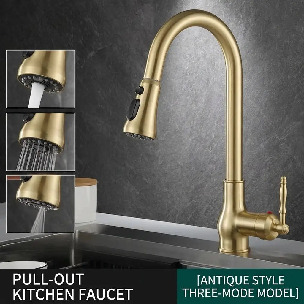 Antique bronze pull-out kitchen faucet with high-arc spout and three-mode spray head.