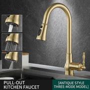Antique bronze pull-out kitchen faucet with high-arc spout and three-mode spray head.