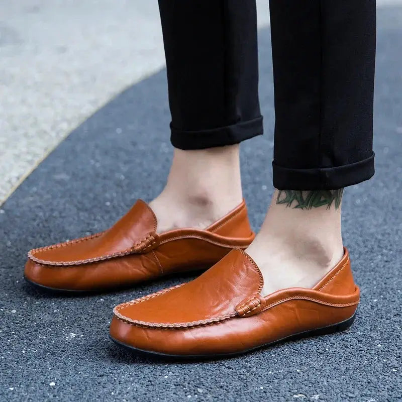 Men's brown genuine leather loafers with moccasin stitching, slip-on casual dress shoes