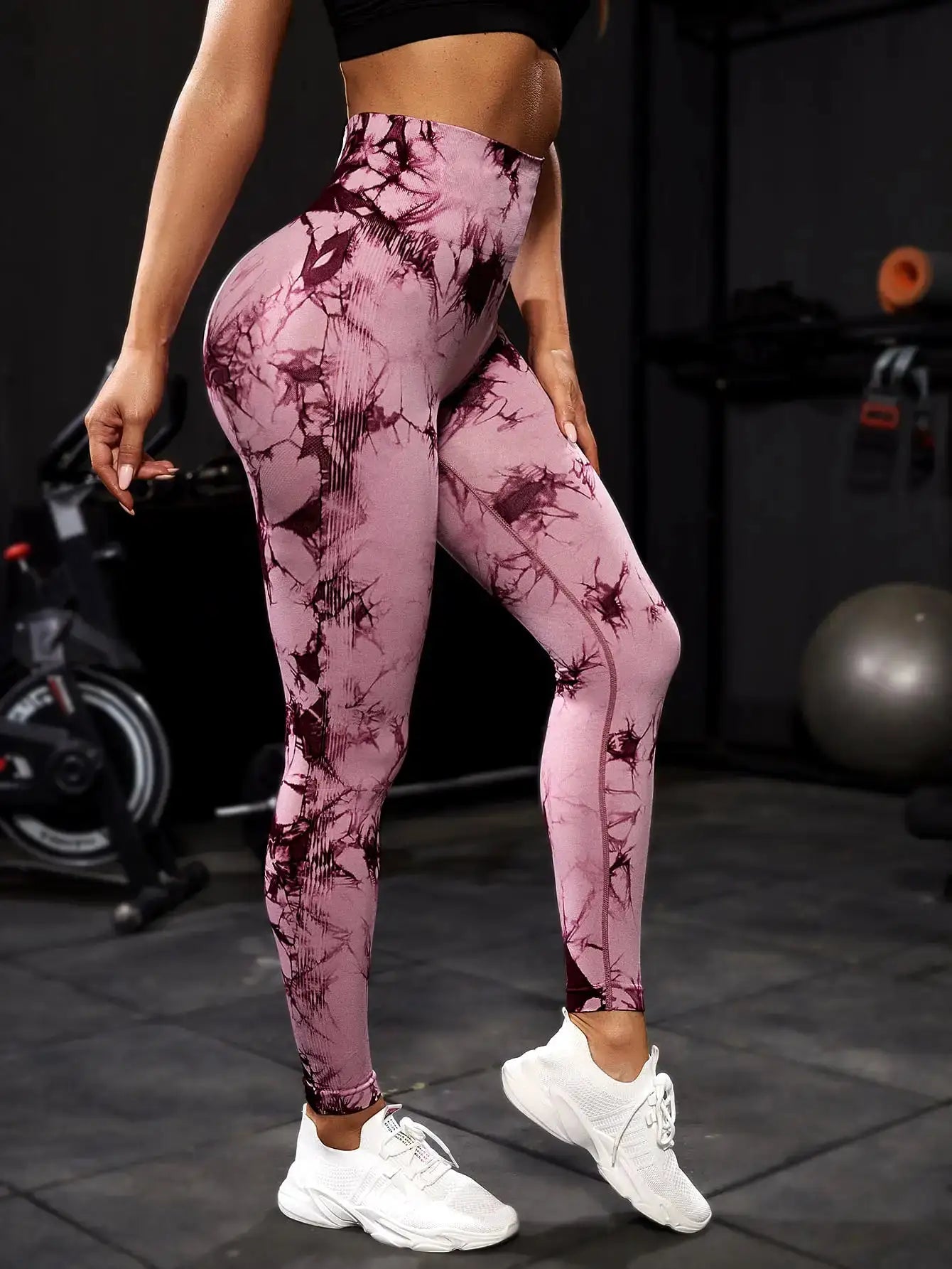 Simples Market women's tie-dye high-waist leggings in pink maroon, soft stretchy yoga pants.