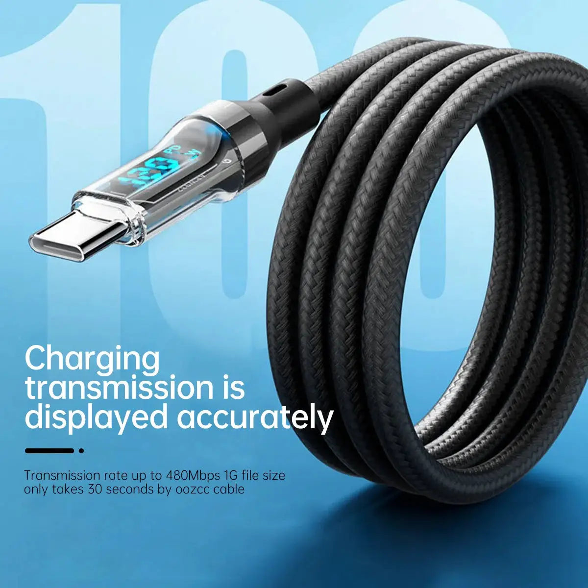 OOZCC LCD Watt Display Cable by Simples Market; black braided USB-C fast-charging cable with LCD watt display up to 120W