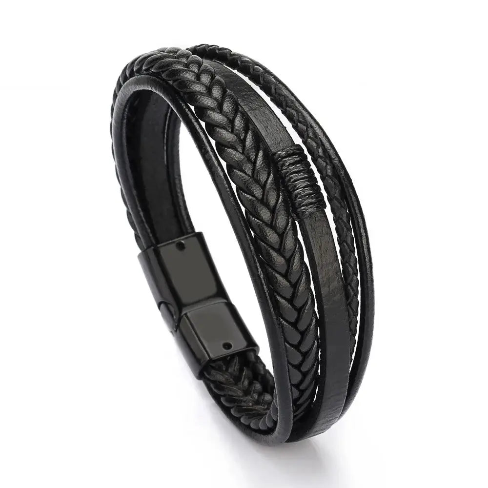 Vintage Multilayer Braided Leather Bracelet For Men Stainless Steel Rope Design Jewelry Gift