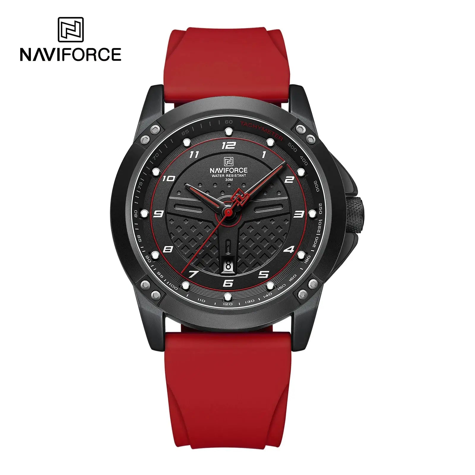NAVIFORCE men's quartz wristwatch with red silicone strap, black dial and tachymeter bezel