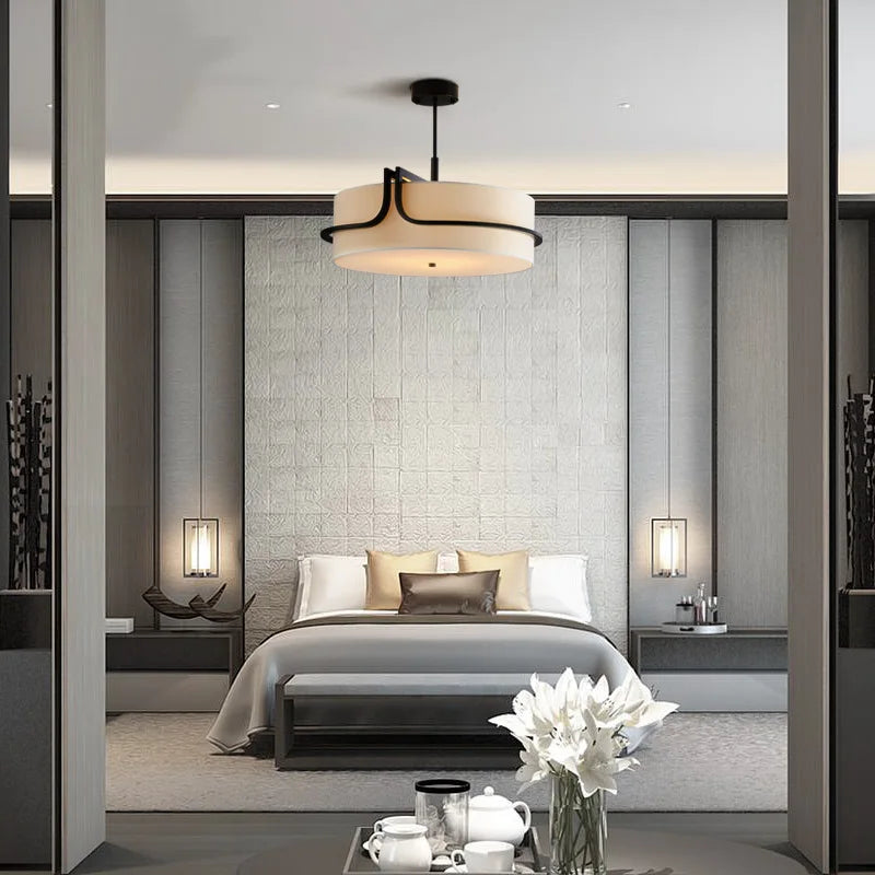 Modern Fabric Art Ceiling Chandelier by Simples Market with cream fabric shade and black metal accents