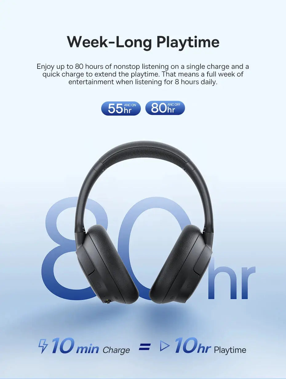 Black over-ear wireless headphones; 10-min fast charge for 10 hr playtime, up to 80 hr with ANC off.
