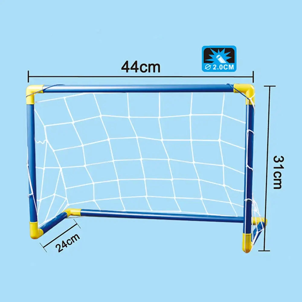 Retail hover soccer goal for kids, blue frame with yellow corners and white net, 44cm wide, 31cm high, 24cm deep