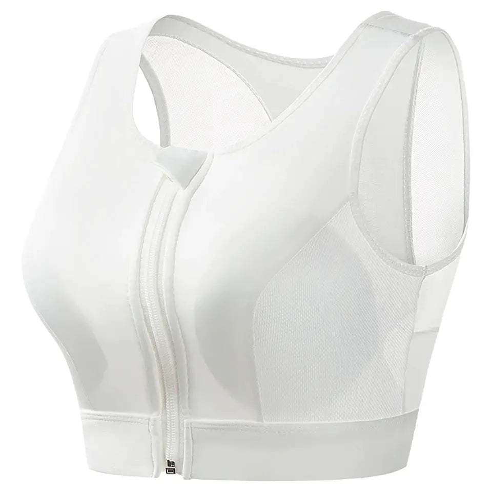 Plus-size white front-closure longline padded sports bra crop top by Simples Market