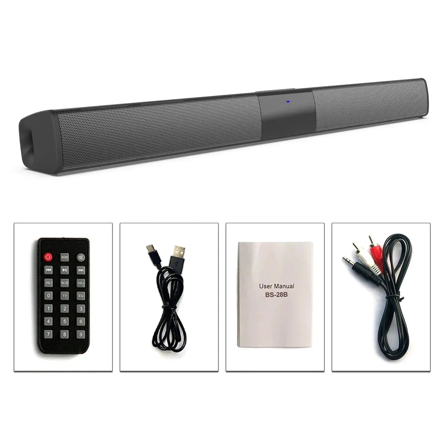 XIKCU Bluetooth 5.3 stereo soundbar by Simples Market, black long home cinema speaker with remote and RCA/AUX/TF-card.