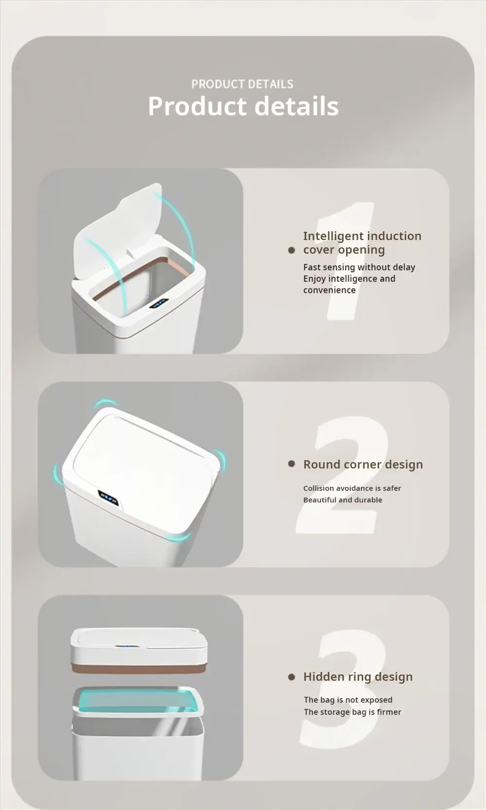 Simples Market white smart sensor trash can, 15L, touchless lid with rounded corners.