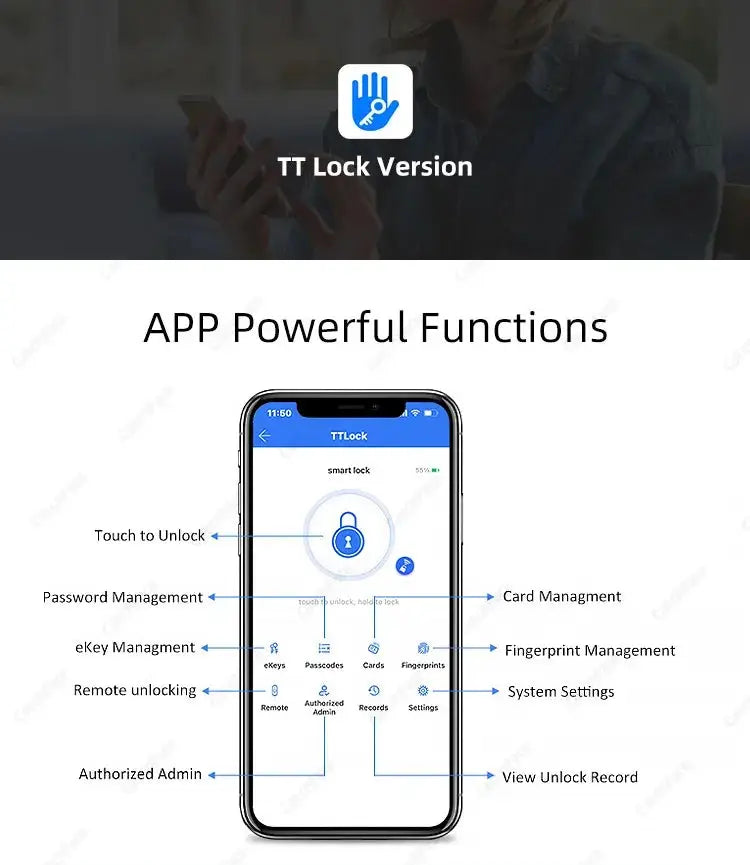 R5 PRO rust-proof outdoor smart door lock with fingerprint, controlled via Simples Market TTLock app interface.