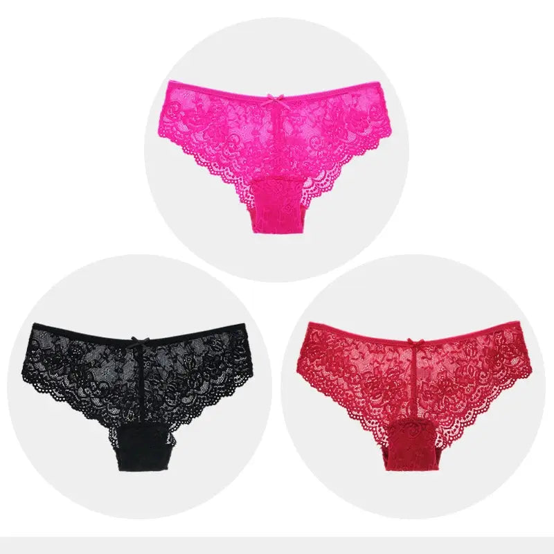 Women lace panties, low-rise hollow-out, 3-piece set in pink, black, and red by Simples Market.