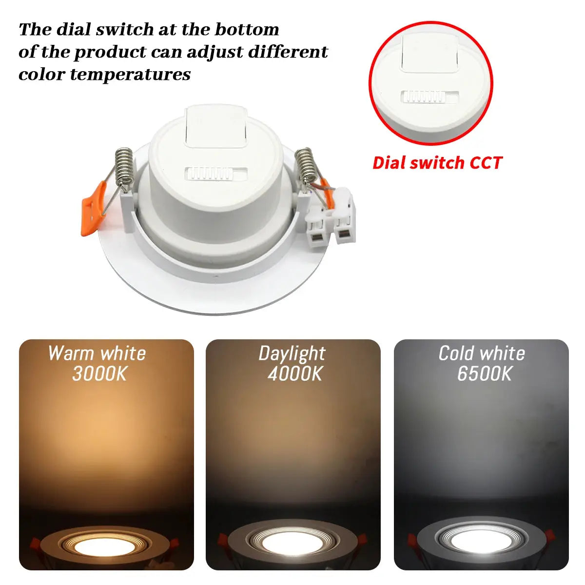 LED ceiling spotlight with 3 CCT dial switch, 3000K/4000K/6000K, 7W, recessed, 90° adjustable