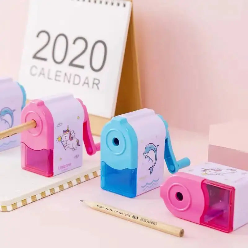 3 pastel unicorn and dolphin mechanical pencil sharpeners in pink, blue and white for school or office use