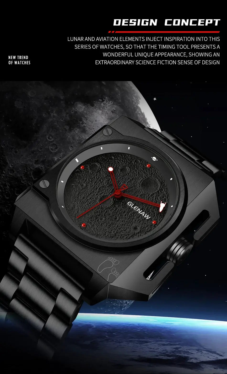 GLENAW men's stainless steel mechanical watch with moon dial and luminous red hands