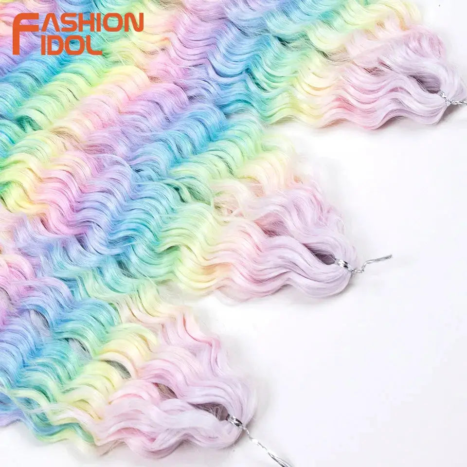 Ariel Curl Water Wave Crochet Hair Extension in pastel rainbow ombre, 22 inch, synthetic braiding hair