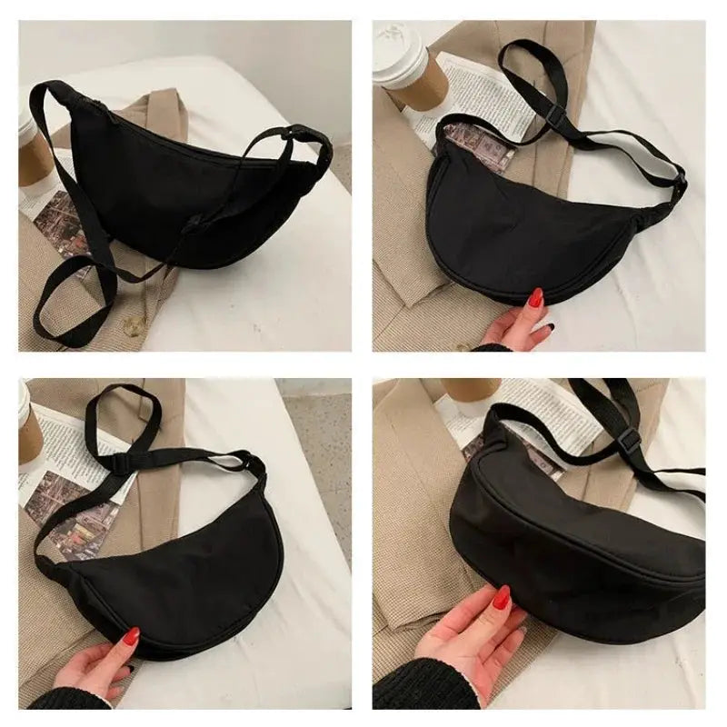 Nylon dumpling bag, black; compact crescent crossbody bag with adjustable strap.