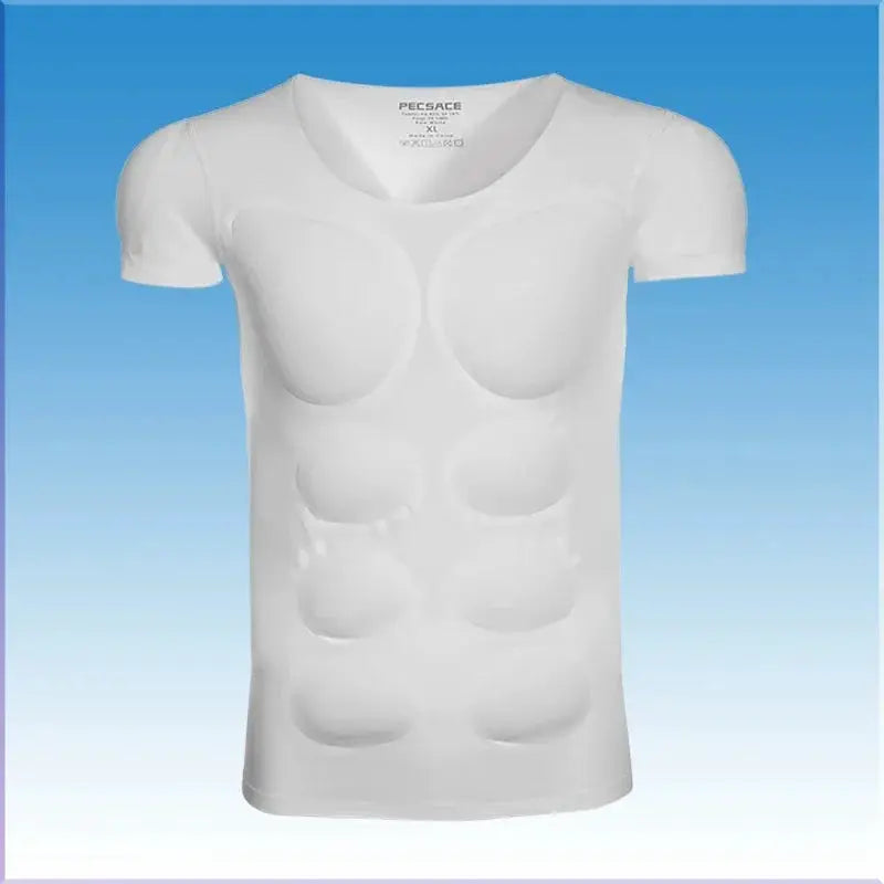 White 3D muscle T-shirt with padded chest and abs for cosplay and body shaping.