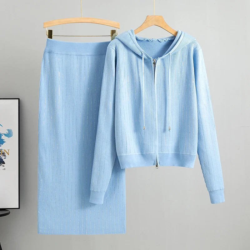 Two Piece Knit Cardigan And High Waisted Skirt Set With Diamond