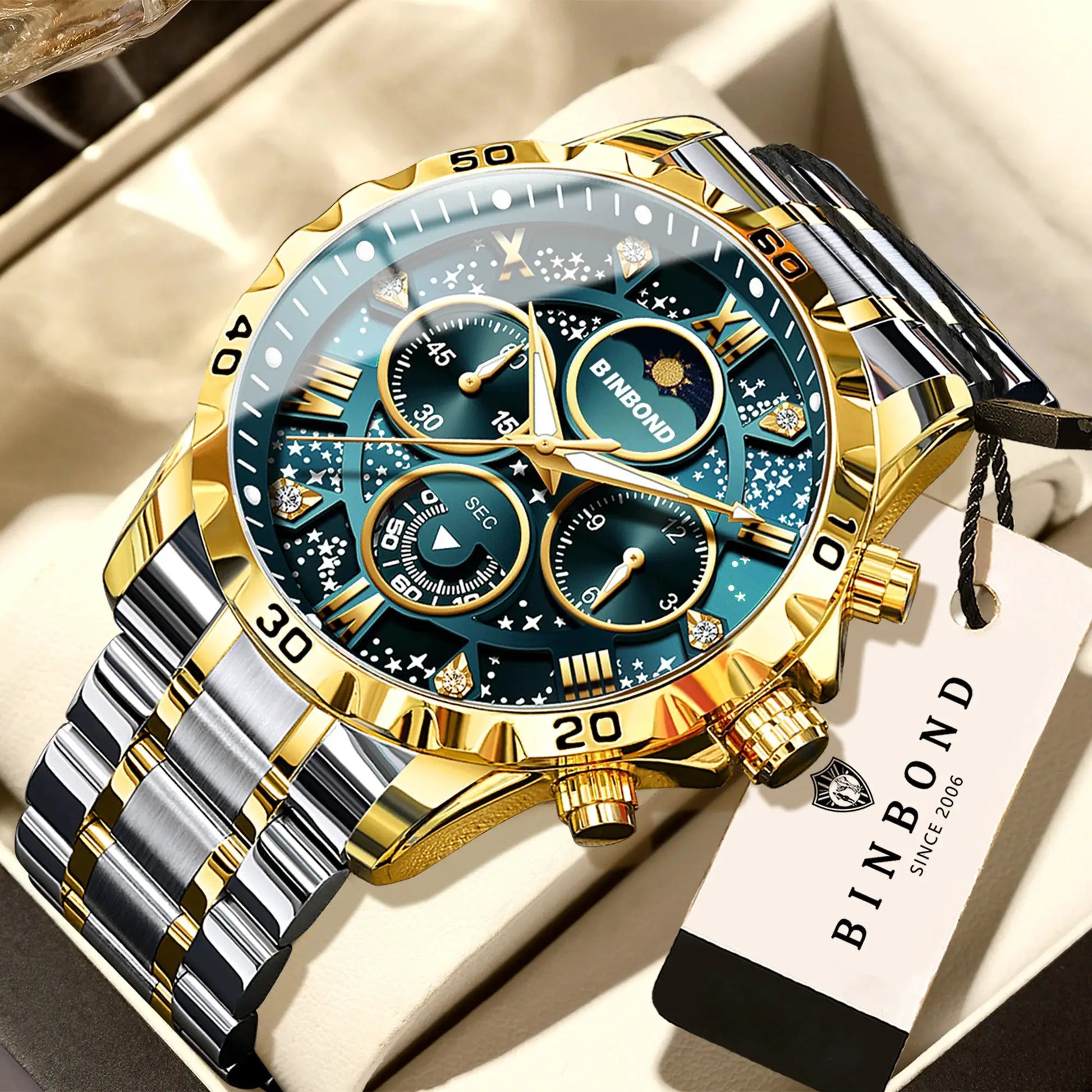 BINBOND men's quartz luxury chronograph watch with two-tone gold and silver stainless steel bracelet and blue dial