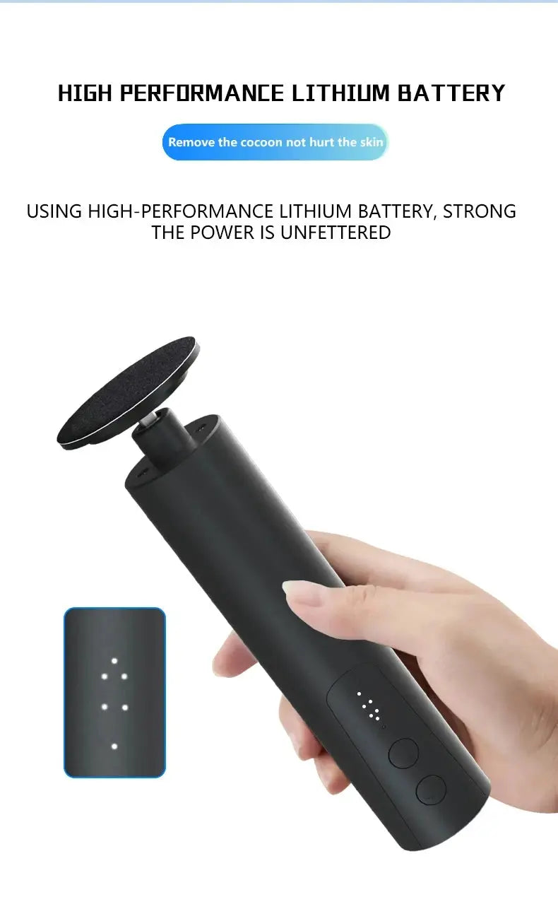 Simples Market electric foot callus remover; black handheld device with replaceable sanding pad, 2-piece set.
