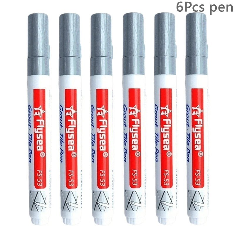 Six grout pens with white bodies and gray caps for tile seams; waterproof wall and floor marker set