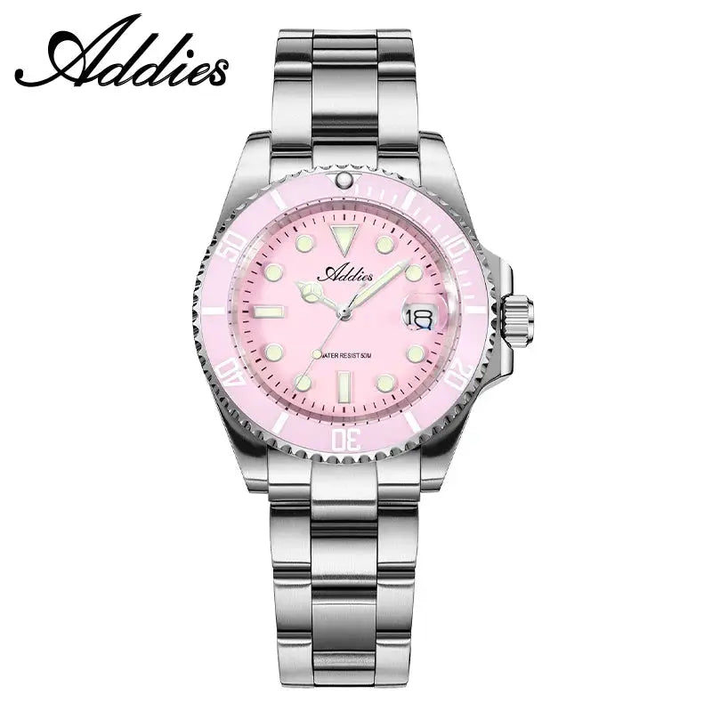 Addies women's pink dial watch with stainless steel bracelet and ceramic pink bezel, 50m water resistant