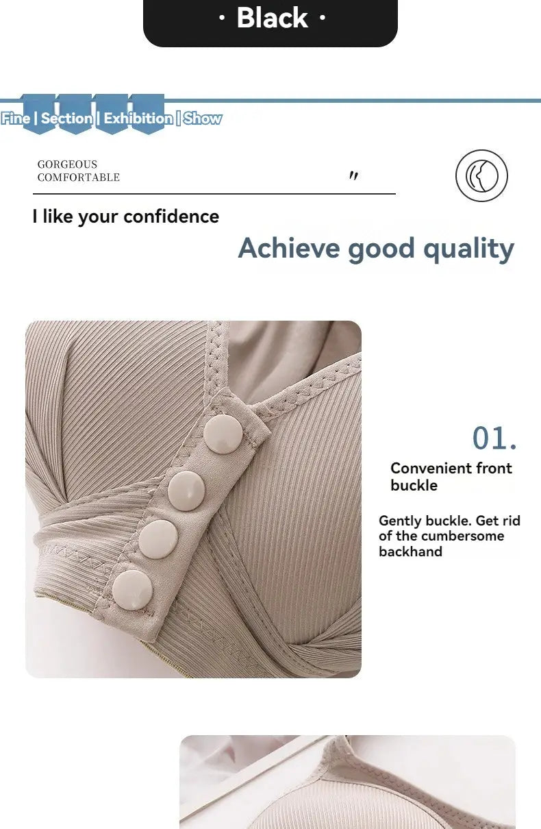 Beige front-buckle push-up bra with ribbed fabric and four front buttons