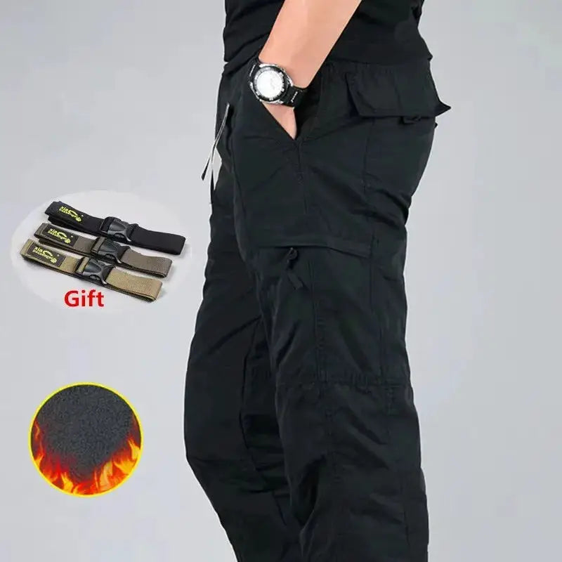 Men's fleece cargo pants by Simples Market, black winter plush thermal joggers with cargo pockets, 3XL