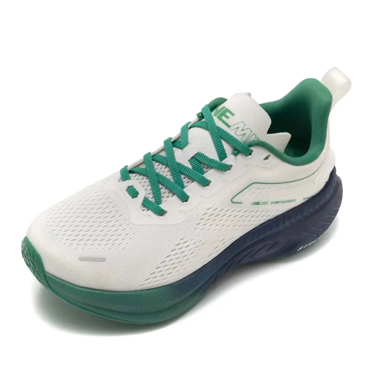 ONEMIX breathable mesh running shoe, white with green laces and green/navy sole