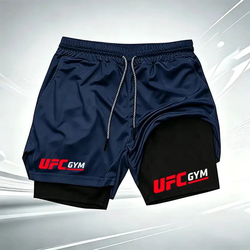 Men's 2-in-1 UFC GYM compression shorts with built-in liner, navy outer and black inner, drawcord, UFC GYM logo