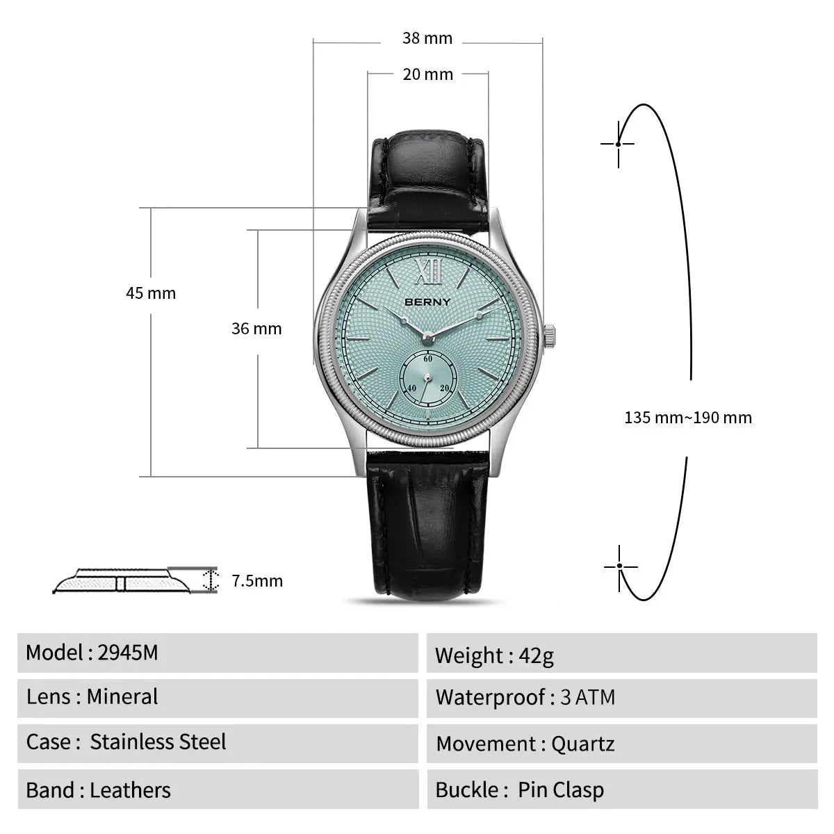BERNY men's dress watch with turquoise dial, quartz movement, stainless steel case and black leather band.