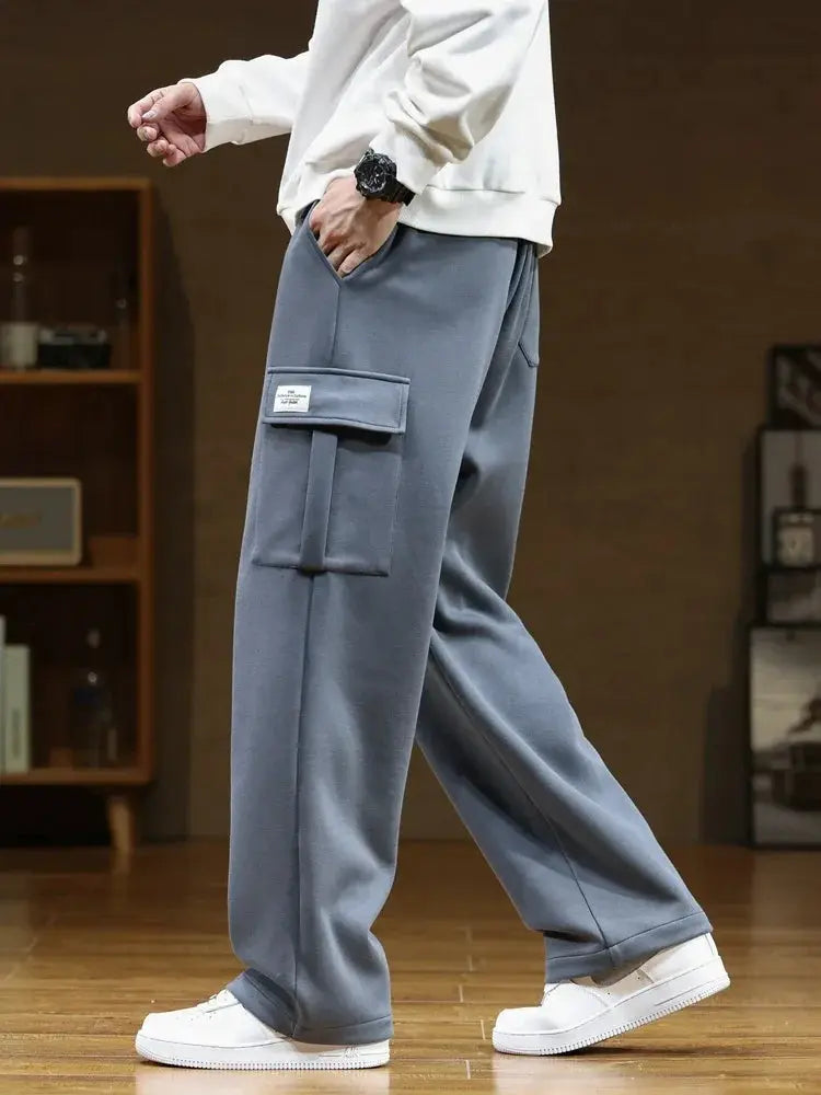 Men's cargo sweatpants in blue-gray cotton with multi pockets, drawstring waist, loose straight fit