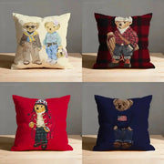 Fashion bear throw pillow cover set by Simples Market; four square cushions with bear designs in cream, red plaid, red, navy.