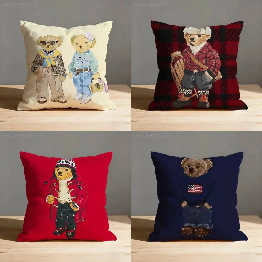 Fashion bear throw pillow cover set by Simples Market; four square cushions with bear designs in cream, red plaid, red, navy.