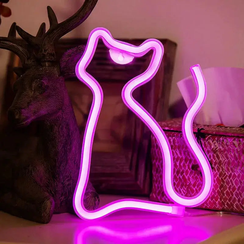 Cat neon sign by Simples Market; pink USB LED wall decor in a cat silhouette.